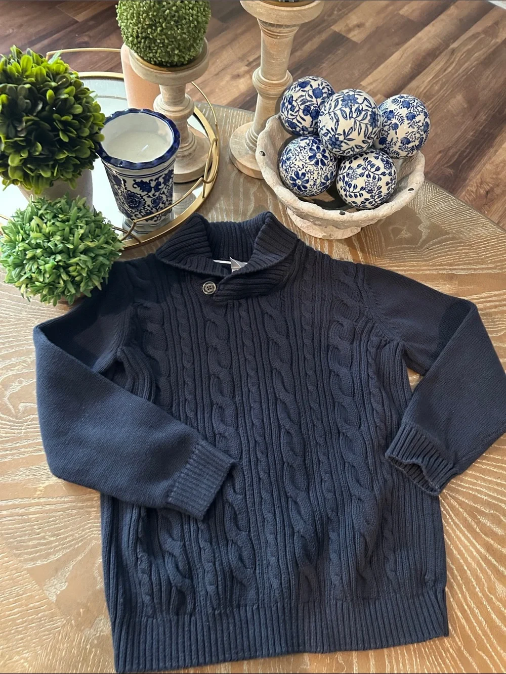 Gymboree Boys Navy Blue Cable Knit Cowl Shawl Neck Sweater